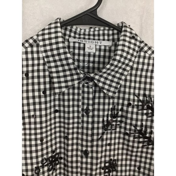 Insight Women's Small Button Down Long Sleeve Checkered Bell Sleeves Embellished - Picture 8 of 11